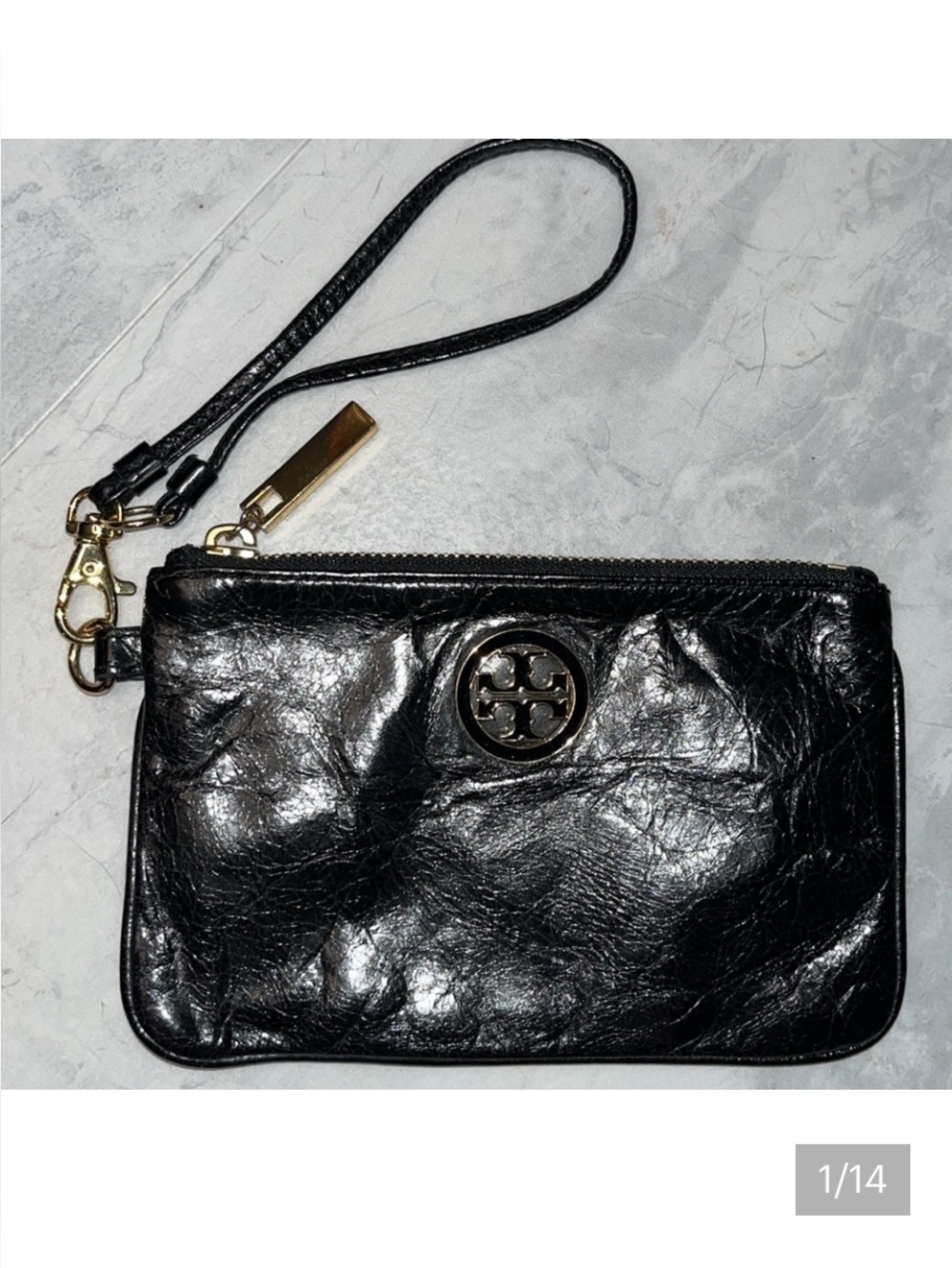 Tory Burch Wristlet wallet Black genuine crinkled leather Gold tone accents EUC